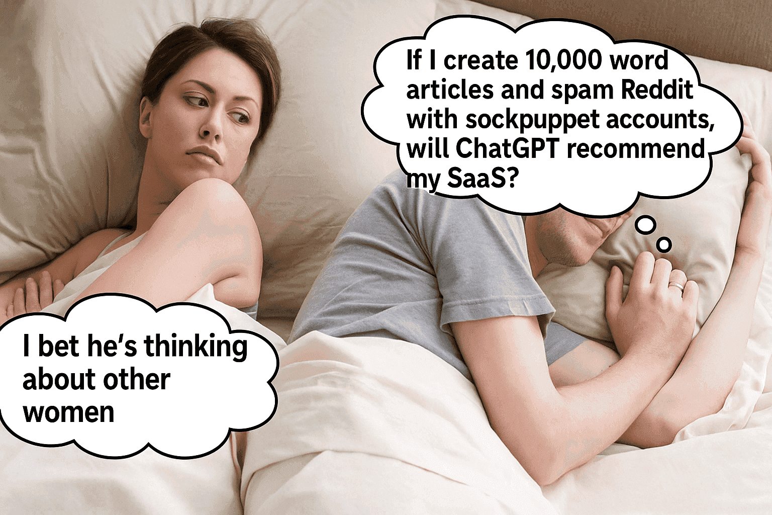 Woman in bed thinking, “I bet he’s thinking about other women." Man, facing away, thinks: “If I create 10,000‑word articles and spam Reddit with sockpuppet accounts, will ChatGPT recommend my SaaS?"