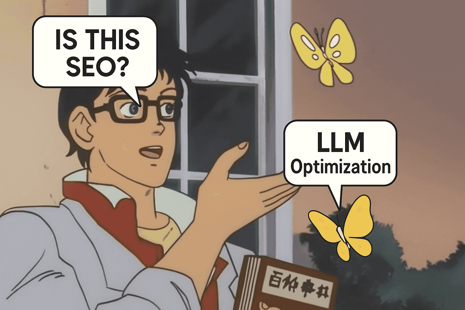 Confused anime character looking at a butterfly labeled "LLM Optimization," asking "Is this SEO?"