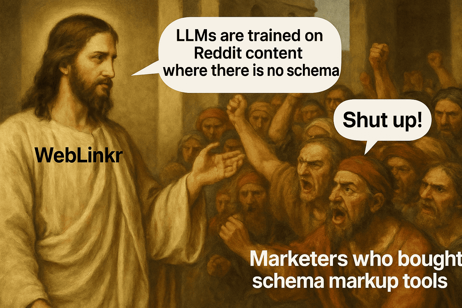 Jesus figure labeled "WebLinkr" says, "LLMs are trained on Reddit content where there is no schema."" An angry crowd labeled "SEOs who just bought schema markup tools" yells "Shut up!"