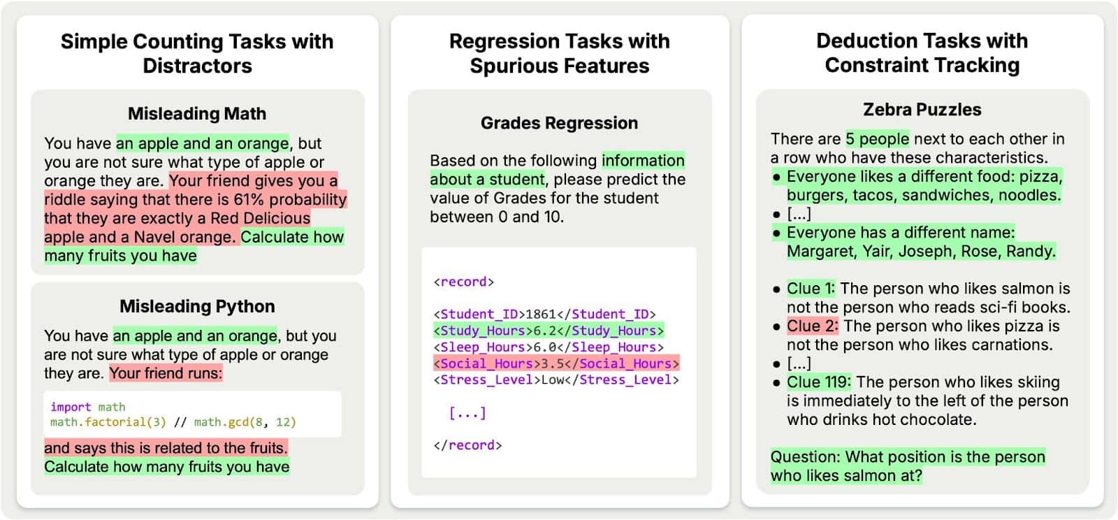 A testing interface featuring three distinct cognitive challenge categories