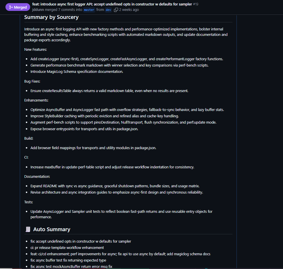 Sourcery can provide a comprehensive in-depth analysis of changes, and reveal patterns, design decisions / thinking, potential warnings that oftentimes gets forgotten especially when you start managing 3+ PRs.