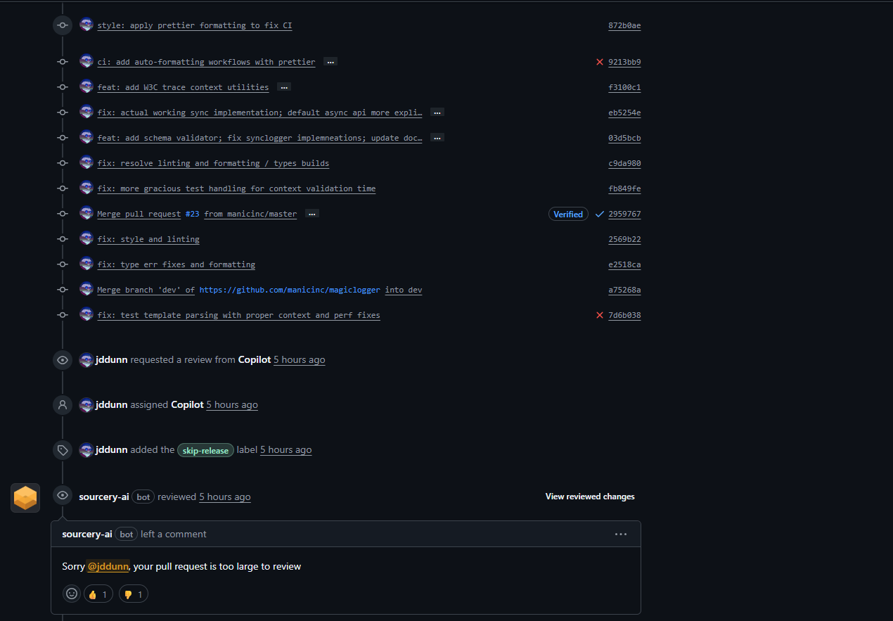 Sourcery AI rejecting to review a PR due to the size of it. Copilot was able to review it without issue though it performed significantly worse in summarizing a comprehensive aggregate compared to Sourcery (I have a paid Copilot subscription, which is likely why it could go through).